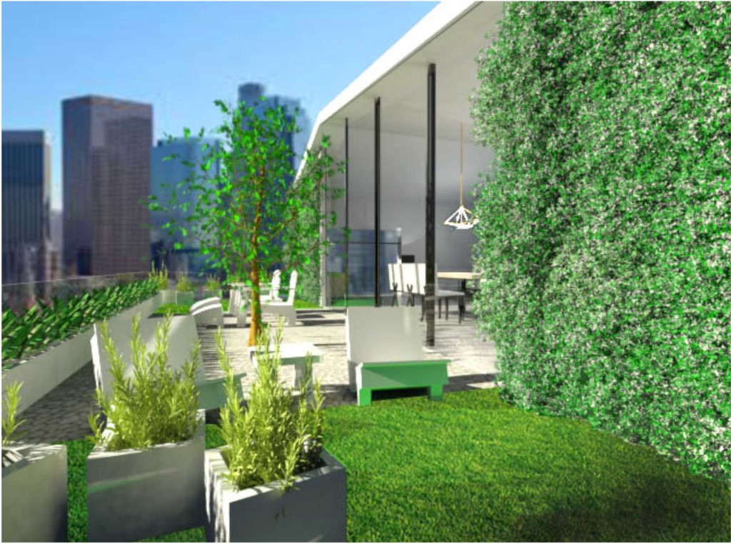 Open dining and living areas open into a green terrace from which the residents can enjoy Los Angeles skyline